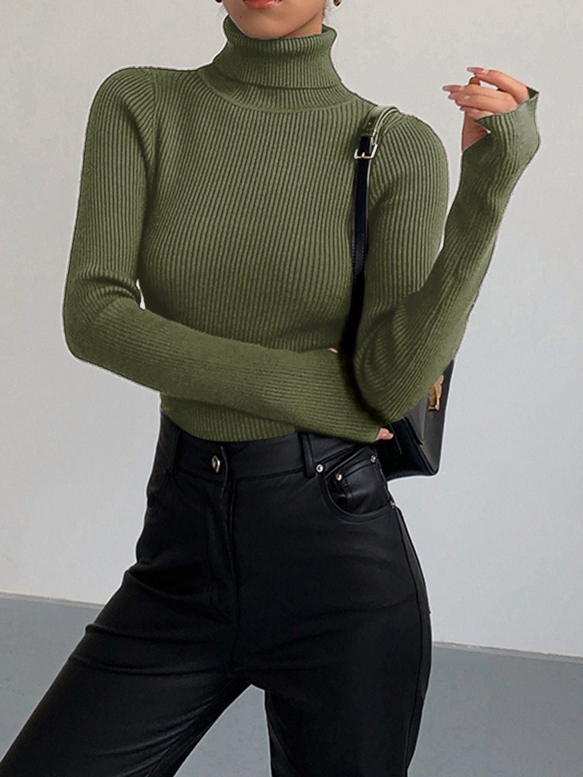Women's Ribbed Turtleneck Jumper with Thumb Holes, Green, view 8