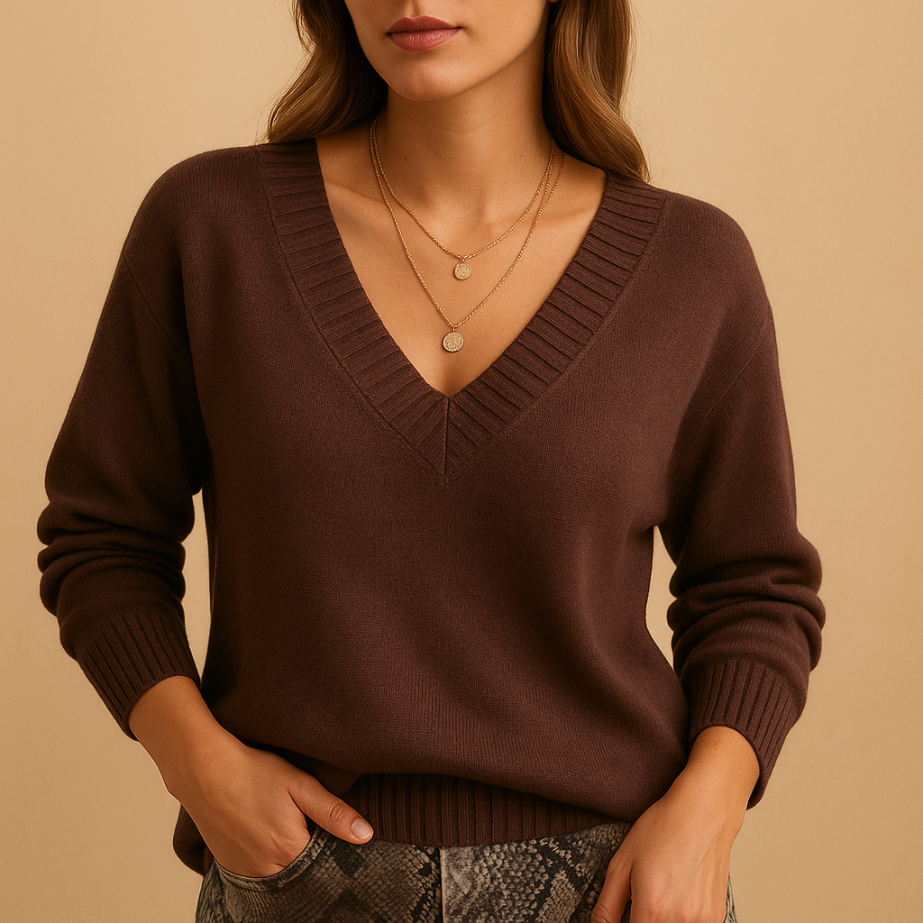 Women's Ribbed V-Neck Fine-Knit Jumper, Brown, view 1