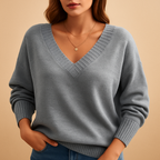 Women's Ribbed V-Neck Fine-Knit Jumper, Grey, view 2
