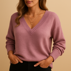 Women's Ribbed V-Neck Fine-Knit Jumper, Pink, view 3