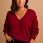 Women's Ribbed V-Neck Fine-Knit Jumper, Red, view 5