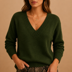 Women's Ribbed V-Neck Fine-Knit Jumper, Dark Green, view 7
