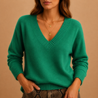 Women's Ribbed V-Neck Fine-Knit Jumper, Green, view 8