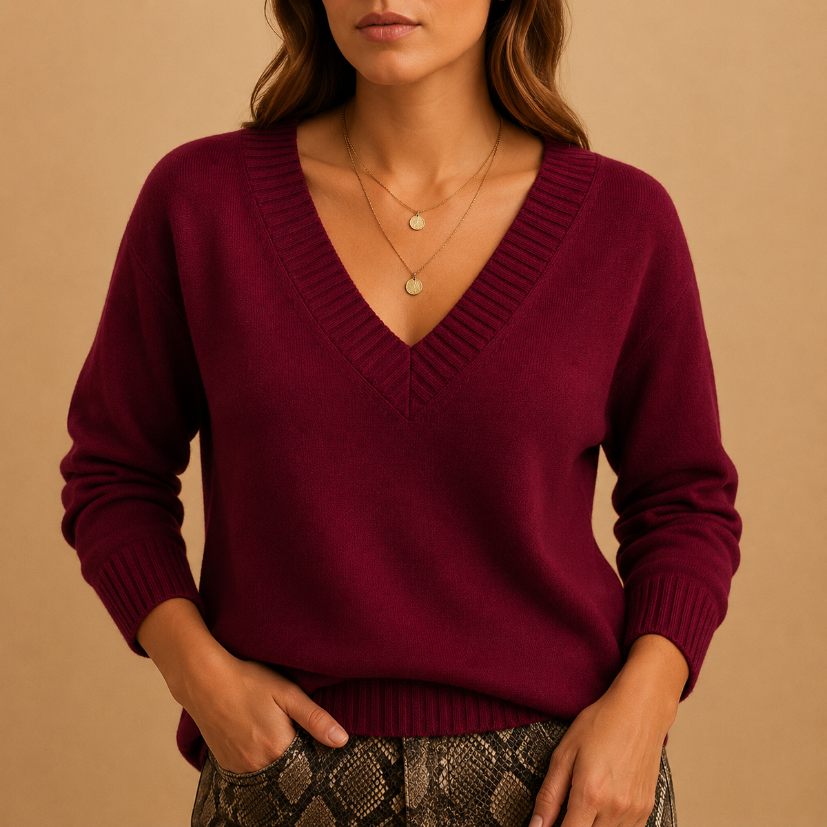 Women's Ribbed V-Neck Fine-Knit Jumper, Berry Red, view 10