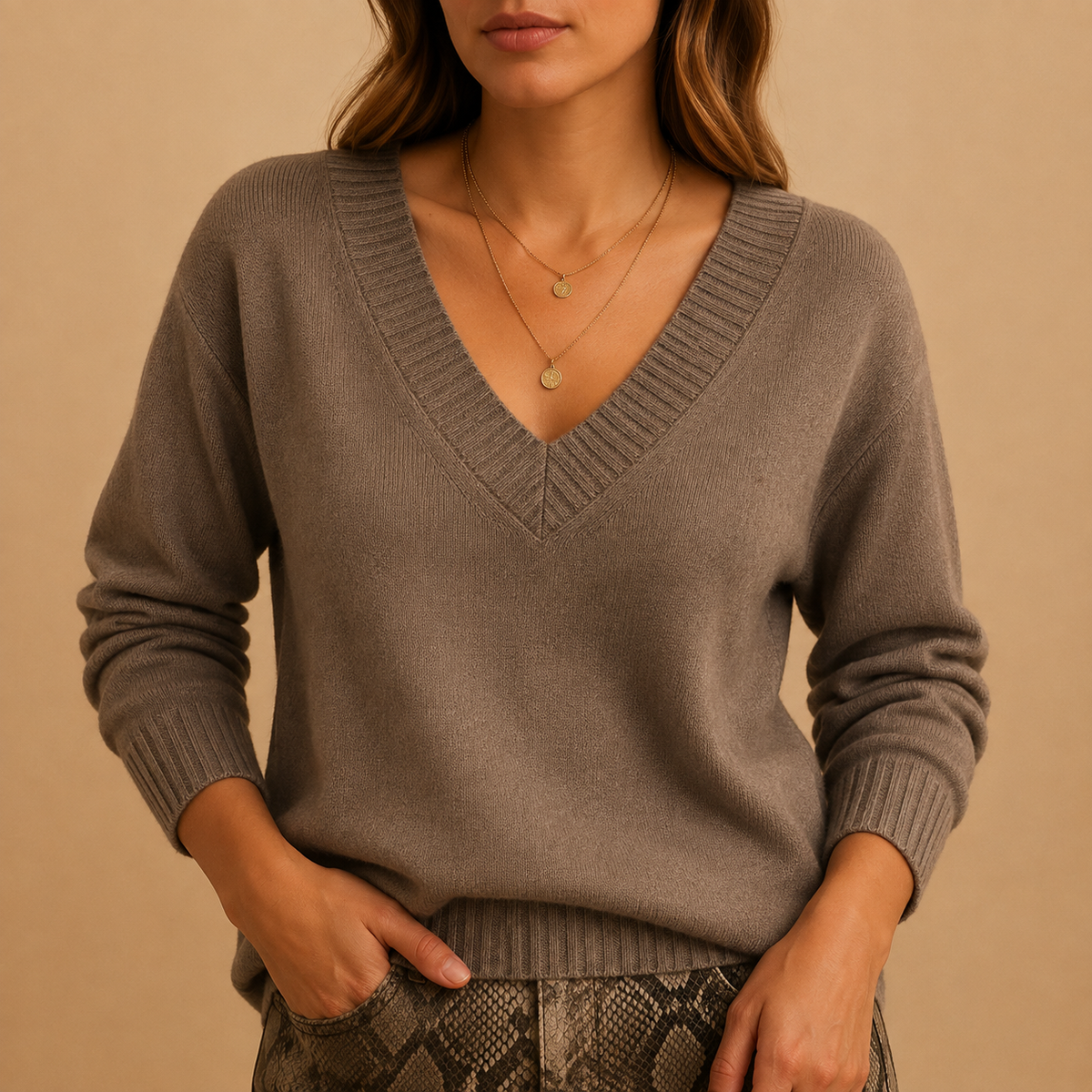 Women's Ribbed V-Neck Fine-Knit Jumper, Beige, view 11