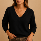 Women's Ribbed V-Neck Fine-Knit Jumper, Black, view 12