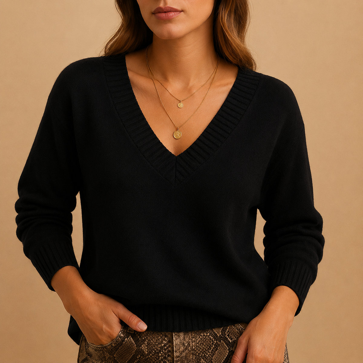 Women's Ribbed V-Neck Fine-Knit Jumper, Black, view 12