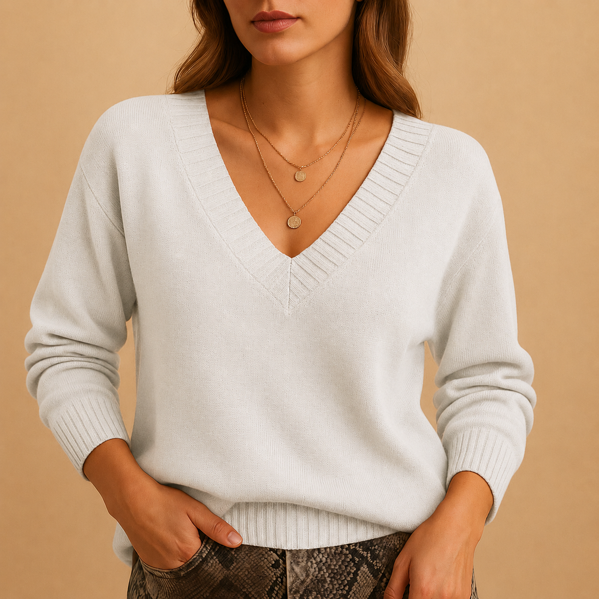 Women's Ribbed V-Neck Fine-Knit Jumper, White, view 13