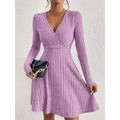 Women's Ribbed Wrap V-Neck Mini Dress, Light Purple, view 1