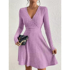 Women's Ribbed Wrap V-Neck Mini Dress, Light Purple, view 1