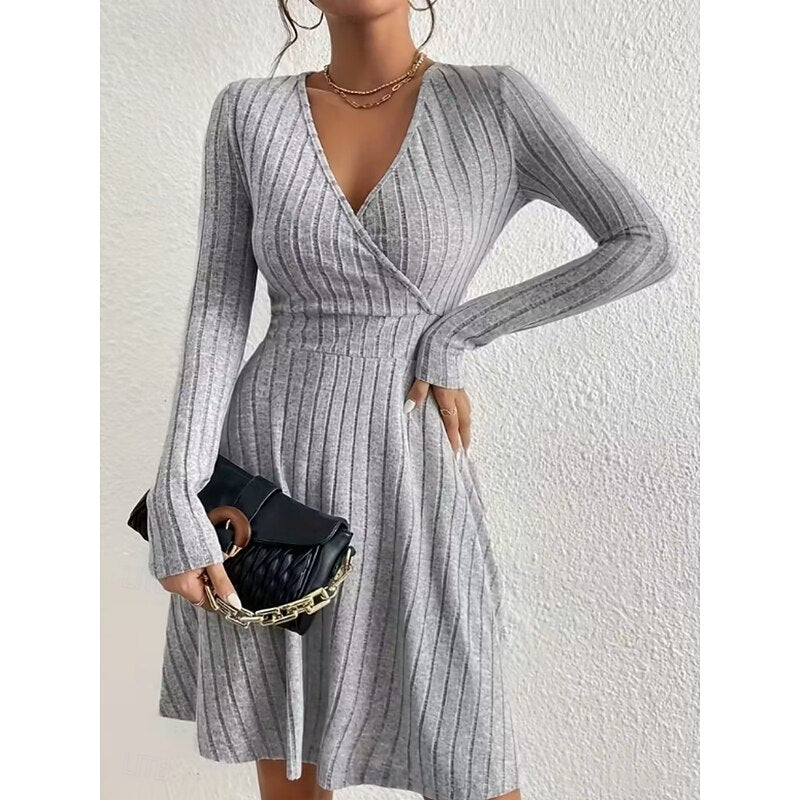 Women's Ribbed Wrap V-Neck Mini Dress, Light Grey, view 3