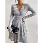 Women's Ribbed Wrap V-Neck Mini Dress, Light Grey, view 3