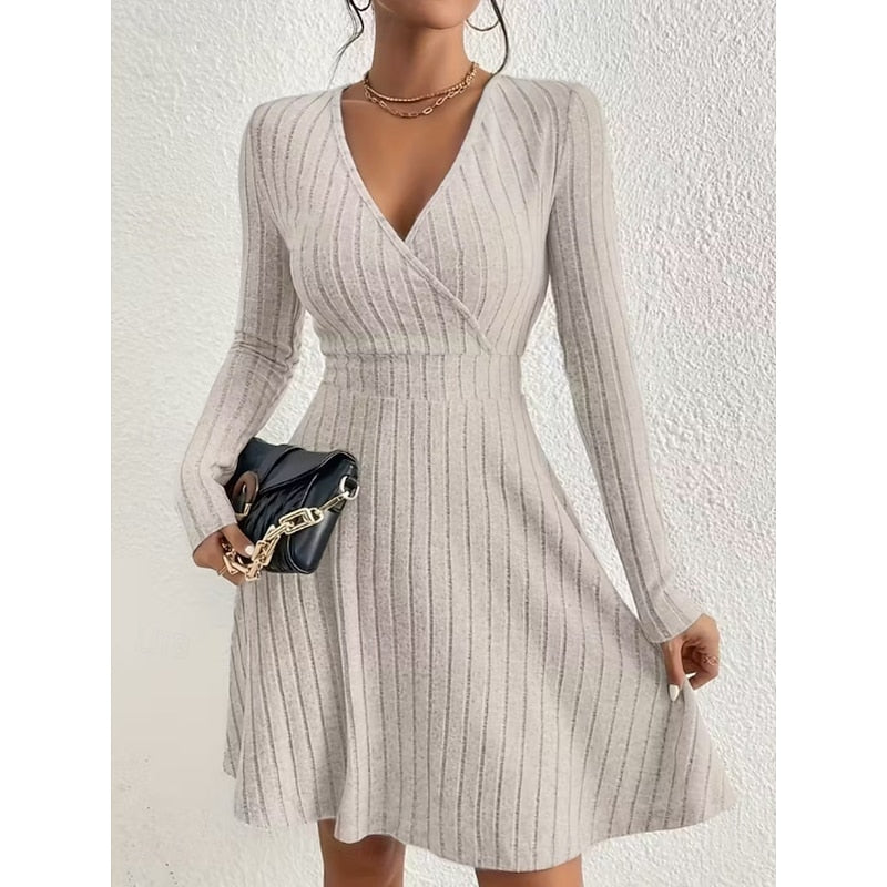 Women's Ribbed Wrap V-Neck Mini Dress, Apricot, view 5