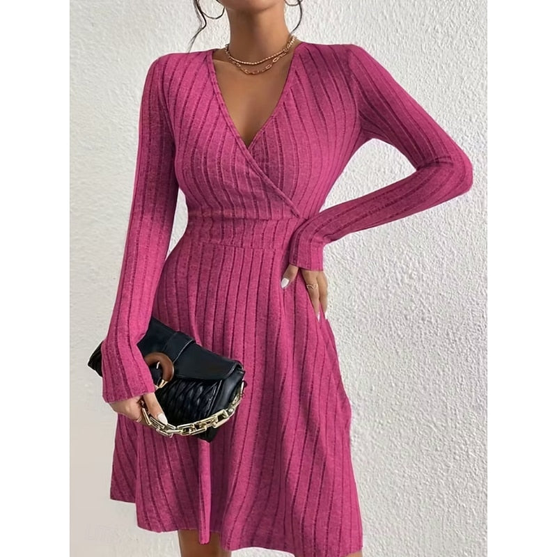 Women's Ribbed Wrap V-Neck Mini Dress, Rose Red, view 6