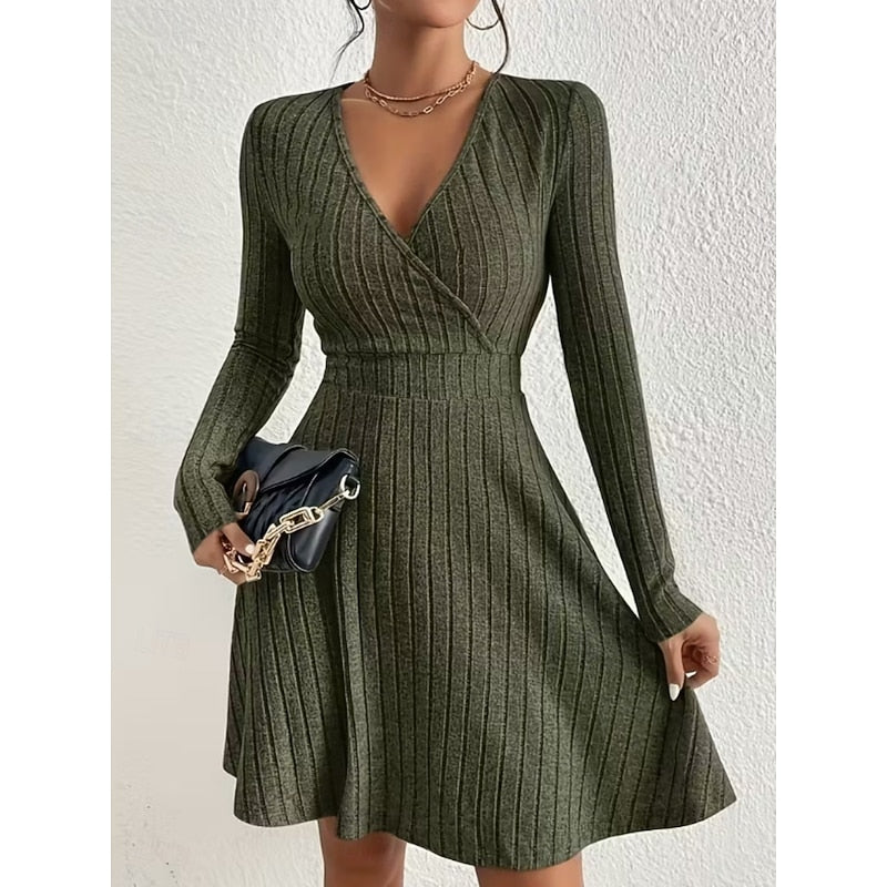Women's Ribbed Wrap V-Neck Mini Dress, Dark Green, view 7