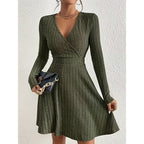 Women's Ribbed Wrap V-Neck Mini Dress, Dark Green, view 7