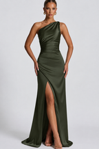 Women's Satin-Style One-Shoulder Maxi Dress with Front Slit, Army Green, view 5