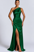 Women's Satin-Style One-Shoulder Maxi Dress with Front Slit, Green, view 6