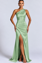 Women's Satin-Style One-Shoulder Maxi Dress with Front Slit, Mint Green, view 7