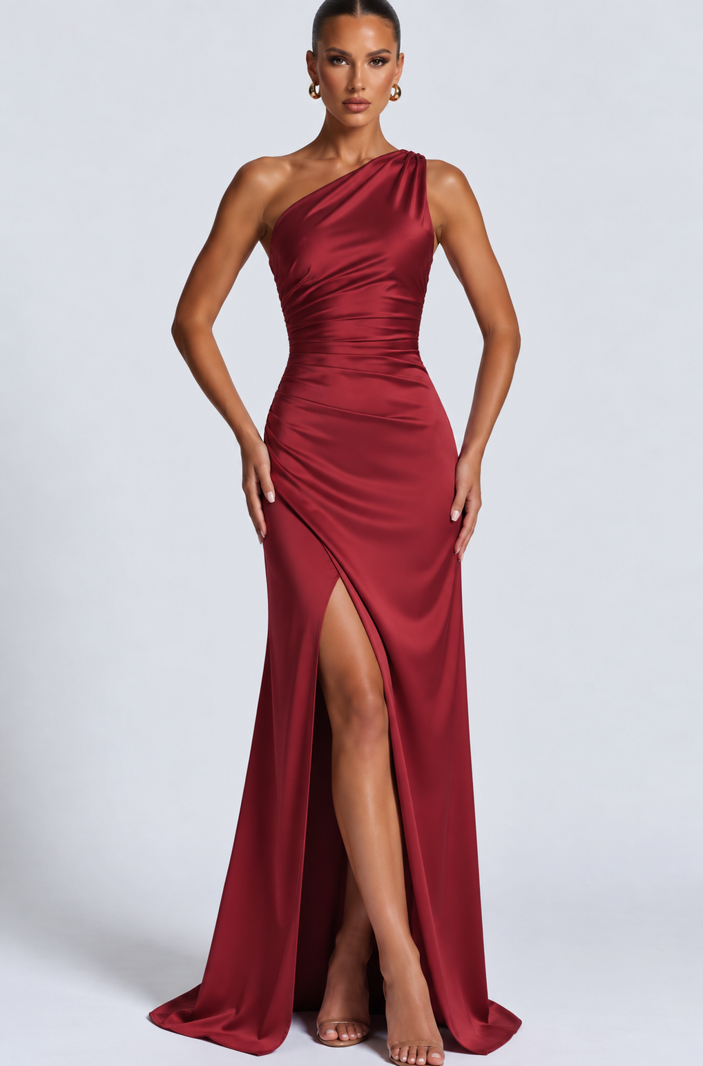 Women's Satin-Style One-Shoulder Maxi Dress with Front Slit, Berry Red, view 8