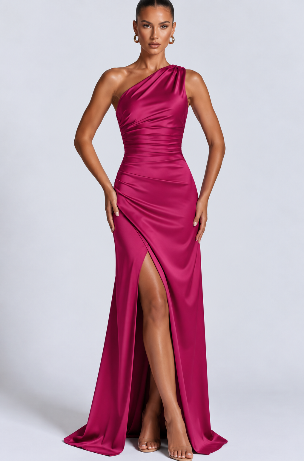 Women's Satin-Style One-Shoulder Maxi Dress with Front Slit, Pink, view 10