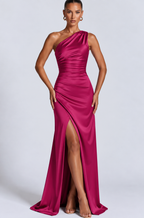 Women's Satin-Style One-Shoulder Maxi Dress with Front Slit, Pink, view 10