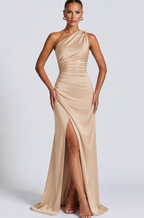Women's Satin-Style One-Shoulder Maxi Dress with Front Slit, Khaki, view 12