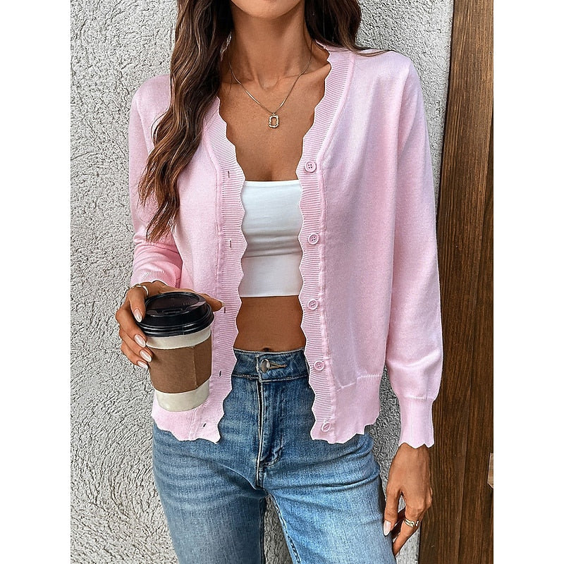 Women's Scalloped V-Neck Knit Cardigan with Button Front, Pink, view 1