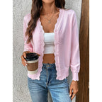 Women's Scalloped V-Neck Knit Cardigan with Button Front, Pink, view 1