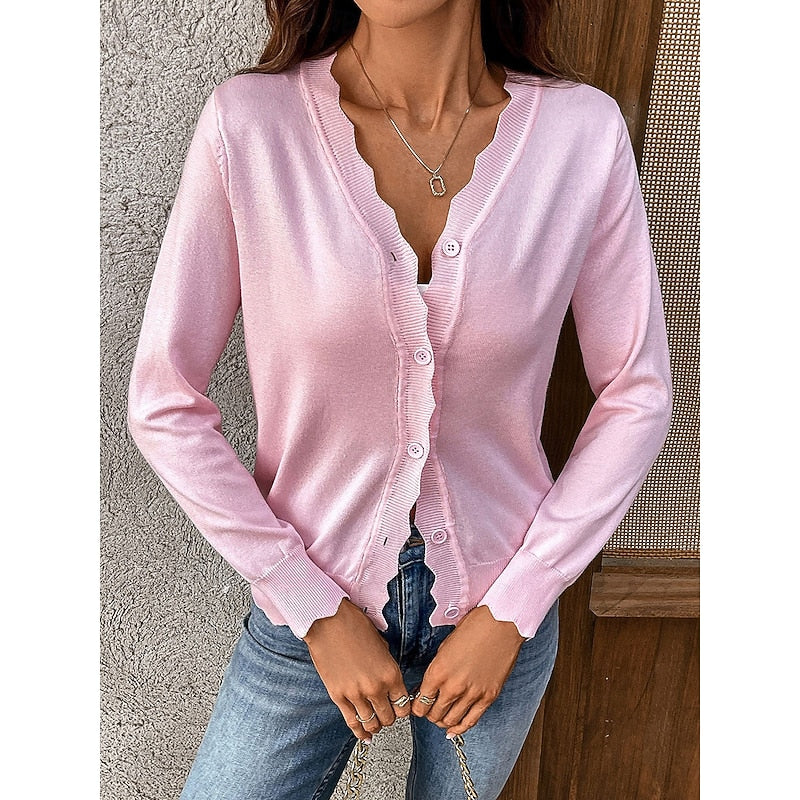 Women's Scalloped V-Neck Knit Cardigan with Button Front, view 2