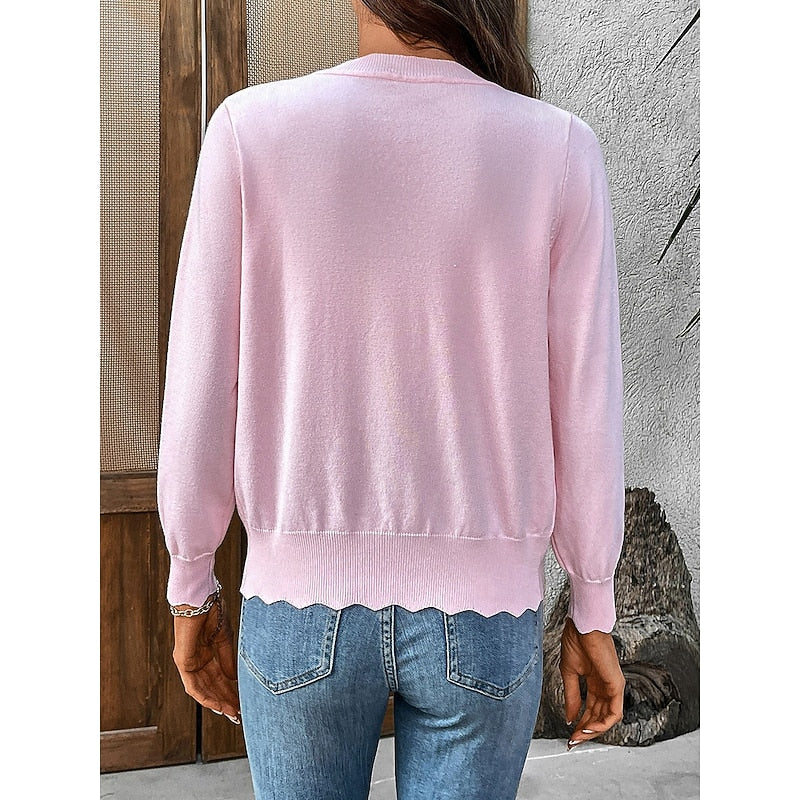 Women's Scalloped V-Neck Knit Cardigan with Button Front, view 3