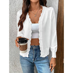 Women's Scalloped V-Neck Knit Cardigan with Button Front, White, view 4