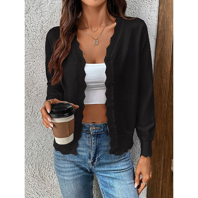 Women's Scalloped V-Neck Knit Cardigan with Button Front, Black, view 6