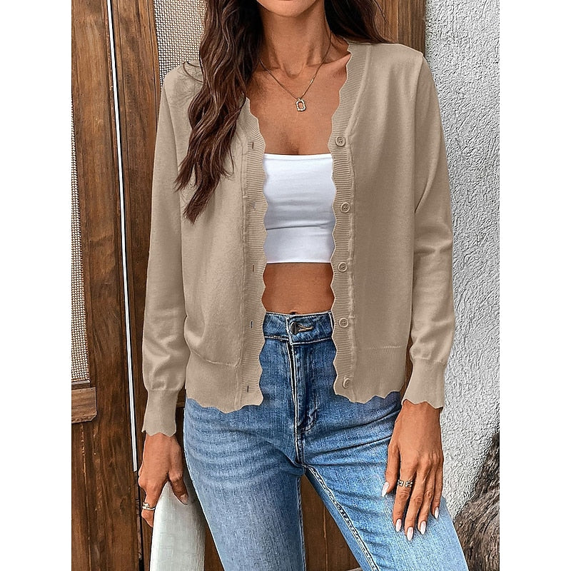 Women's Scalloped V-Neck Knit Cardigan with Button Front, Khaki, view 7