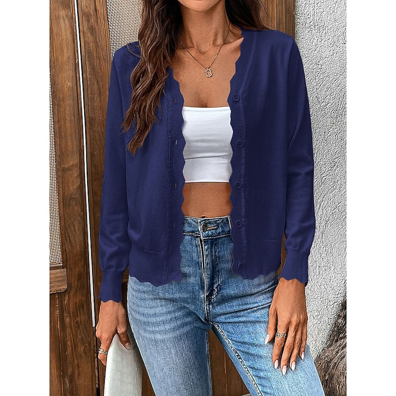 Women's Scalloped V-Neck Knit Cardigan with Button Front, Navy Blue, view 8