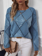 Women's Sequin Diamond Knit Jumper with Puff Sleeves, Blue, view 1