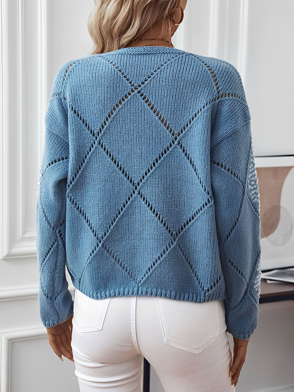 Women's Sequin Diamond Knit Jumper with Puff Sleeves, view 2