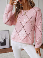 Women's Sequin Diamond Knit Jumper with Puff Sleeves, Pink, view 5