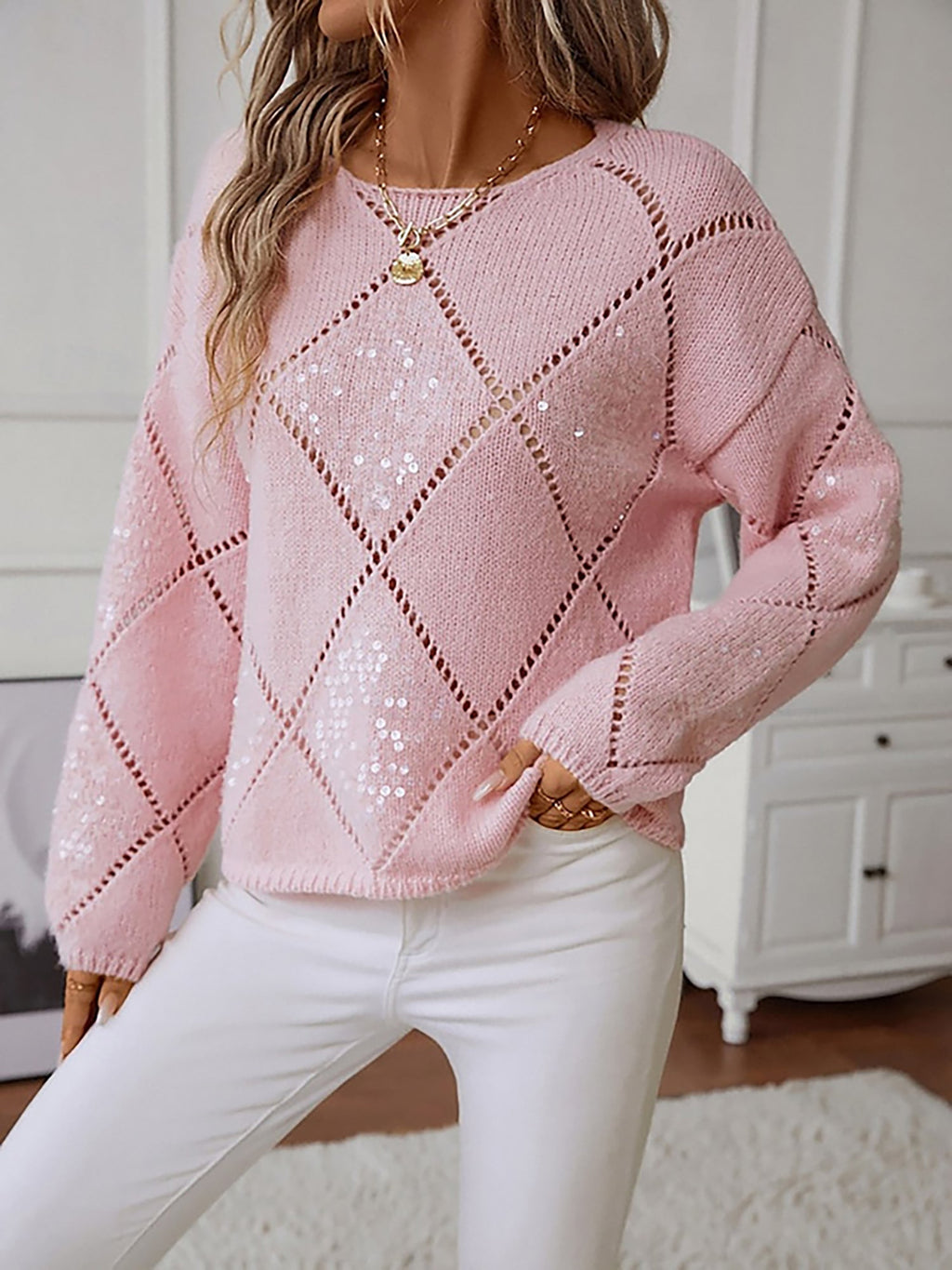 Women's Sequin Diamond Knit Jumper with Puff Sleeves, view 6