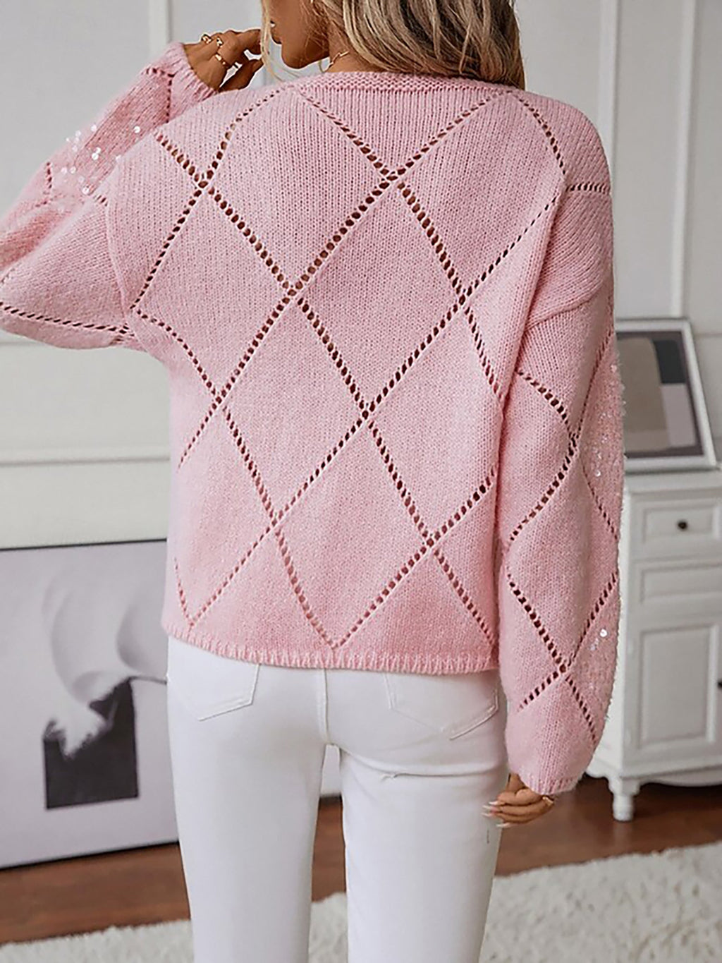 Women's Sequin Diamond Knit Jumper with Puff Sleeves, view 7
