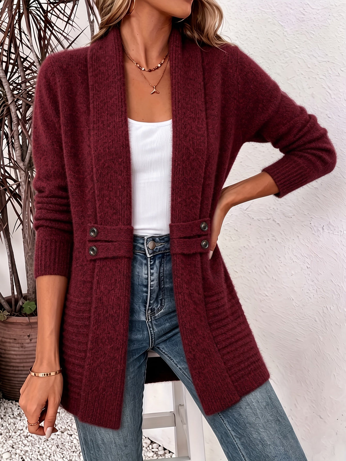 Women's Shawl Collar Cardigan with Button Waist Tabs, Burgundy, view 1