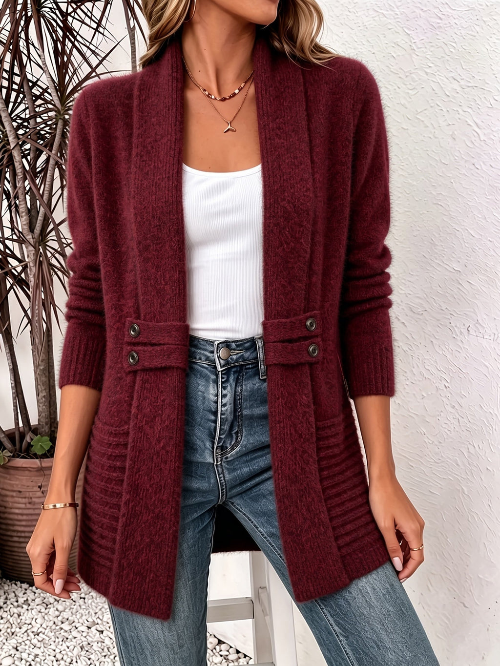 Women's Shawl Collar Cardigan with Button Waist Tabs, view 2