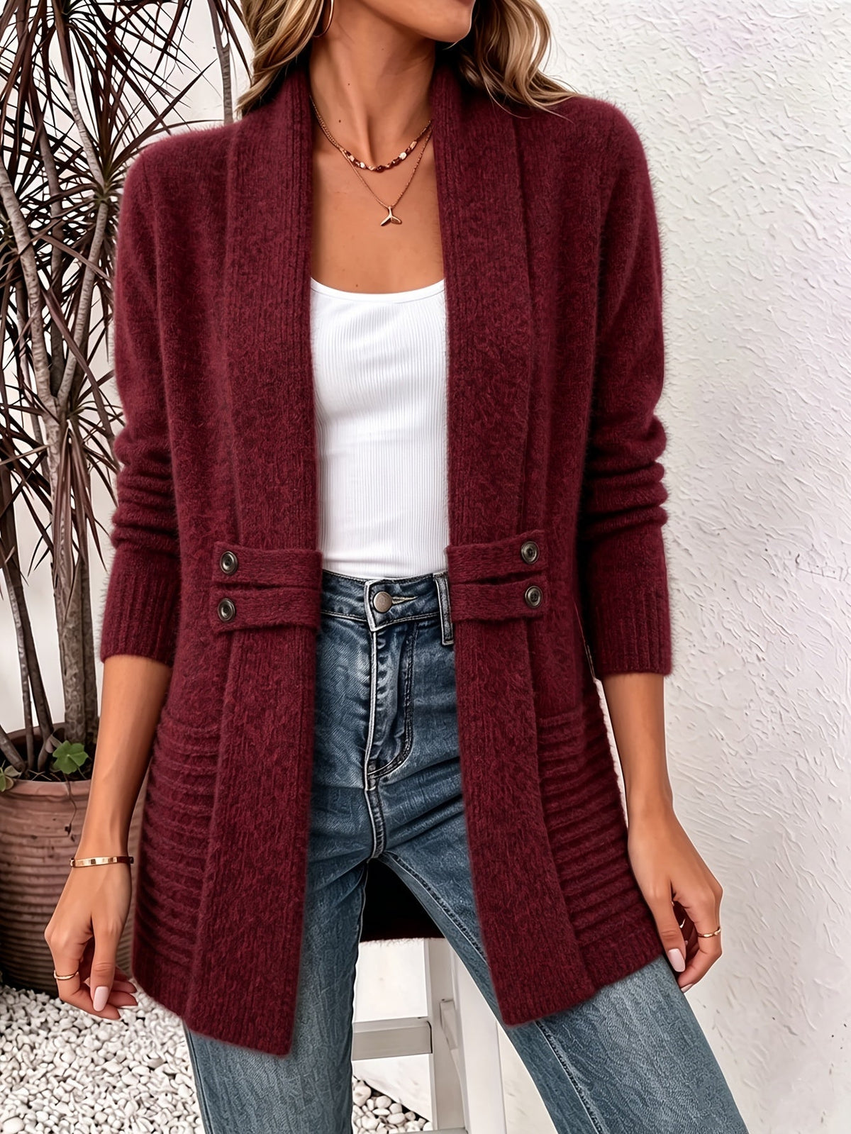 Women's Shawl Collar Cardigan with Button Waist Tabs, view 2