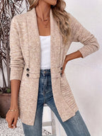 Women's Shawl Collar Cardigan with Button Waist Tabs, Beige, view 4