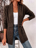 Women's Shawl Collar Cardigan with Button Waist Tabs, Brown, view 6