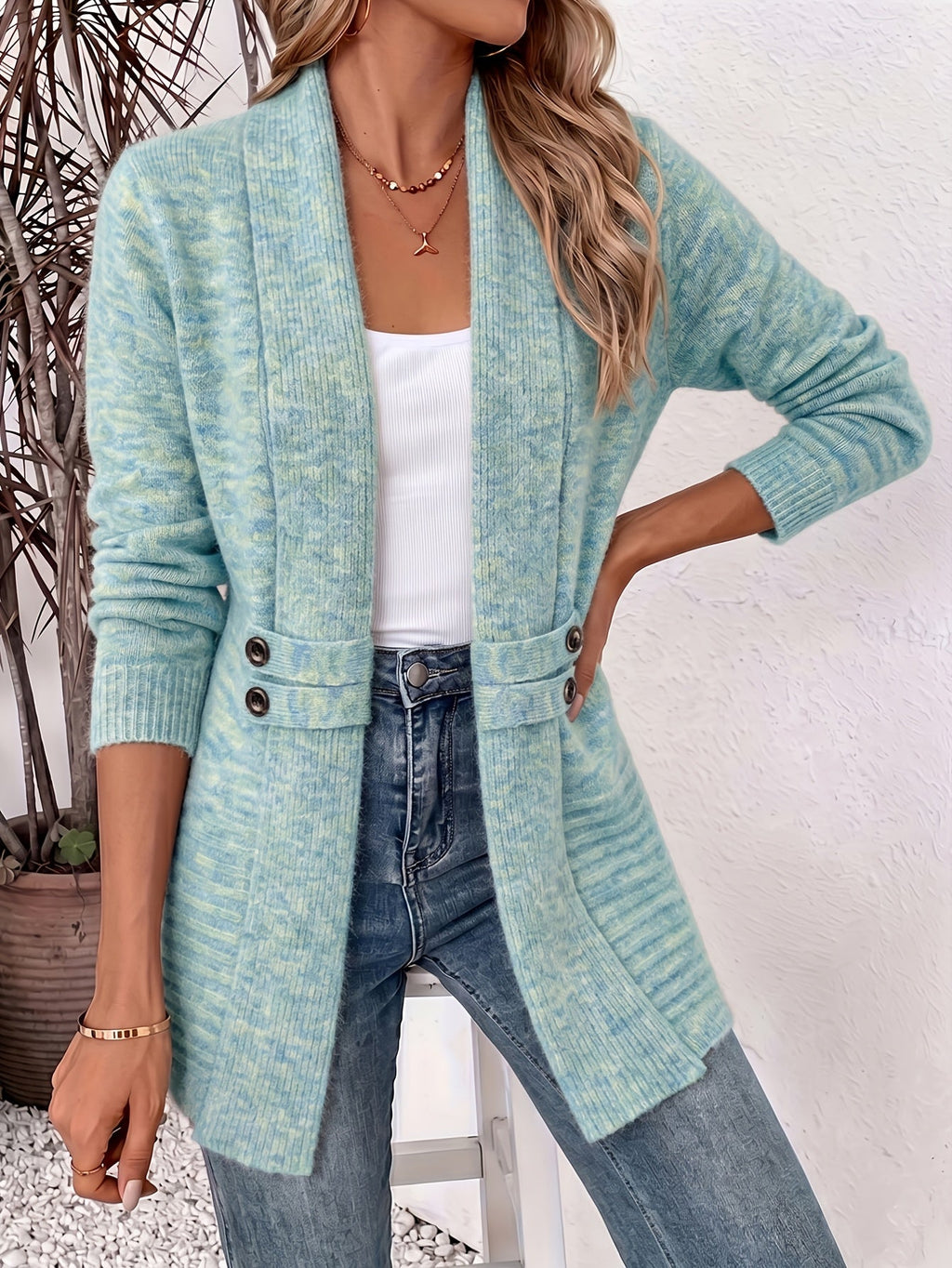 Women's Shawl Collar Cardigan with Button Waist Tabs, Mint, view 7
