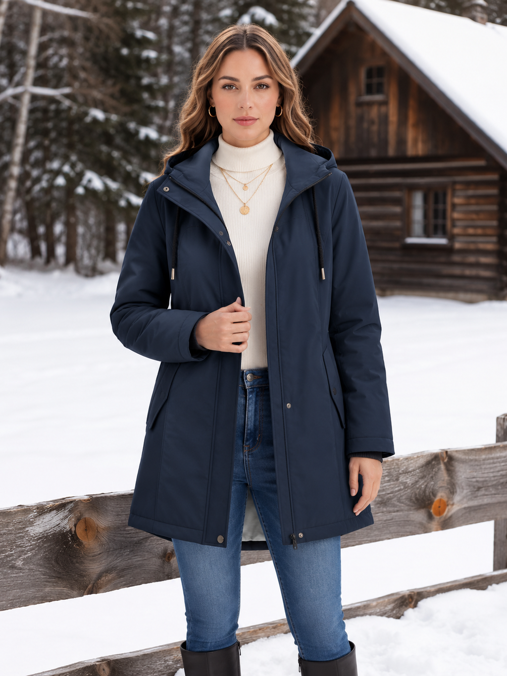 Women's Sherpa-Lined Hooded Parka with Drawstring Waist, Navy blue, view 1