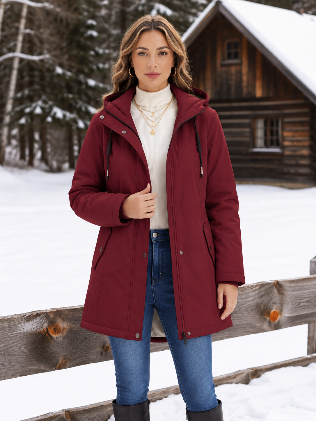 Women's Sherpa-Lined Hooded Parka with Drawstring Waist, Wine Red, view 2