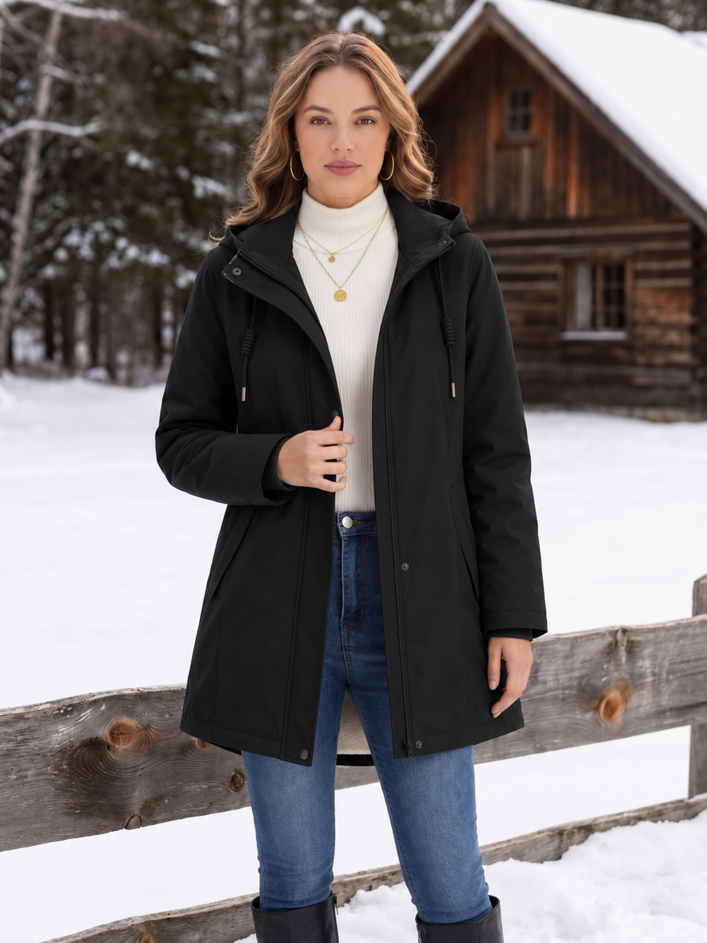 Women's Sherpa-Lined Hooded Parka with Drawstring Waist, Black, view 3