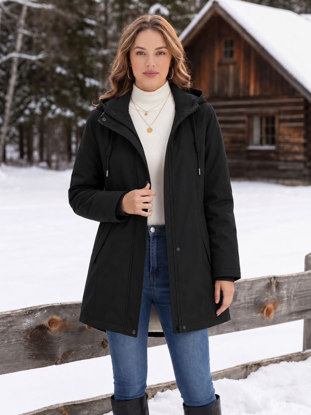 Women's Sherpa-Lined Hooded Parka with Drawstring Waist, Black, view 3
